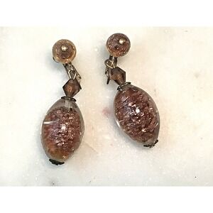 Vintage Glass Earrings Signed Marvella Murano Gold Dust Beads Screwback Dangle